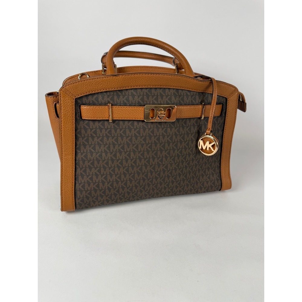 Michael Kors Karson Satchel Brown Signature MK Logo Acorn Leather Handbag